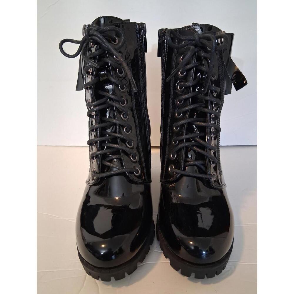 Forever 21  Women Faux Black Leather Lace Up Block High Heel Boots 7.5